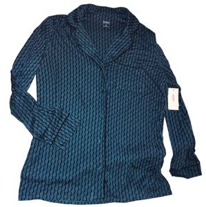 ALFANI BLUE WAV Notched Collar Printed Long Sleeve V Neck Button up PAJAMA TOP